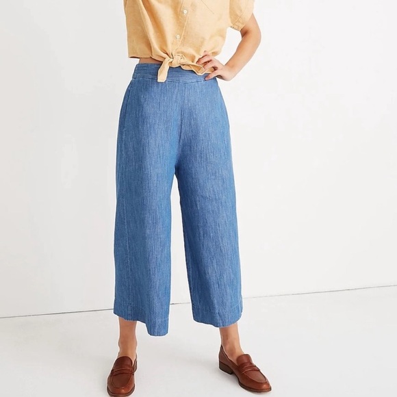 Madewell Chambray Huston Soft Denim Linen Pull on Crop High Rise Wide Leg Pants - Picture 2 of 9
